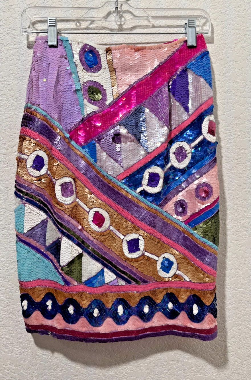 Vintage 80s Sequin Slim Straight Skirt Geometric Bright Pink Purple Sz 4 JEET